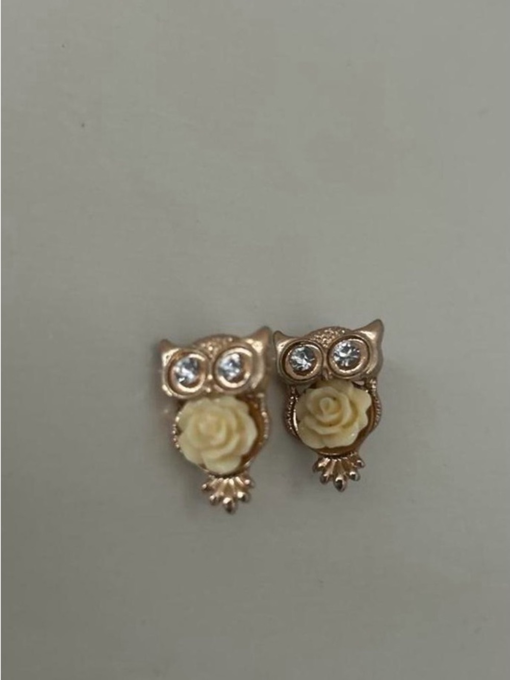 Gold-Tone Owl Stud Earrings with Cream Rose and Crystal Eyes